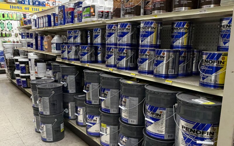 Stain aisle at Johnson Wholesale Lumber.