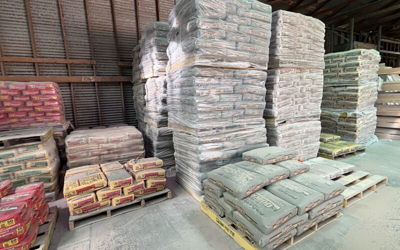 Concrete products stored in a warehouse at Johnson Wholesale Lumber.