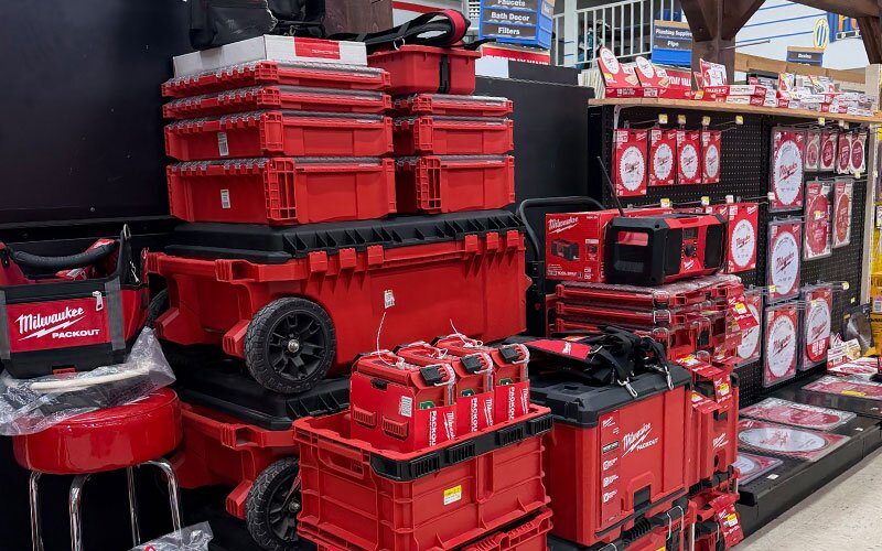 Milwaukee tool display at Johnson Wholesale Lumber.
