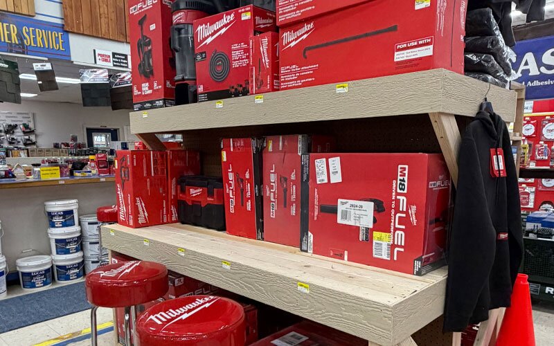 Milwaukee tool display at Johnson Wholesale Lumber.