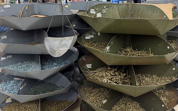 The fastener bins for customers at Johnson Wholesale Lumber.