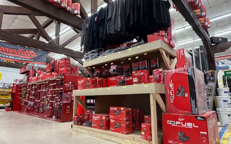 Milwaukee tool display at Johnson Wholesale Lumber.