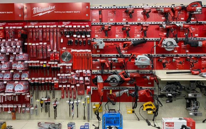 Milwaukee tool display at Johnson Wholesale Lumber.