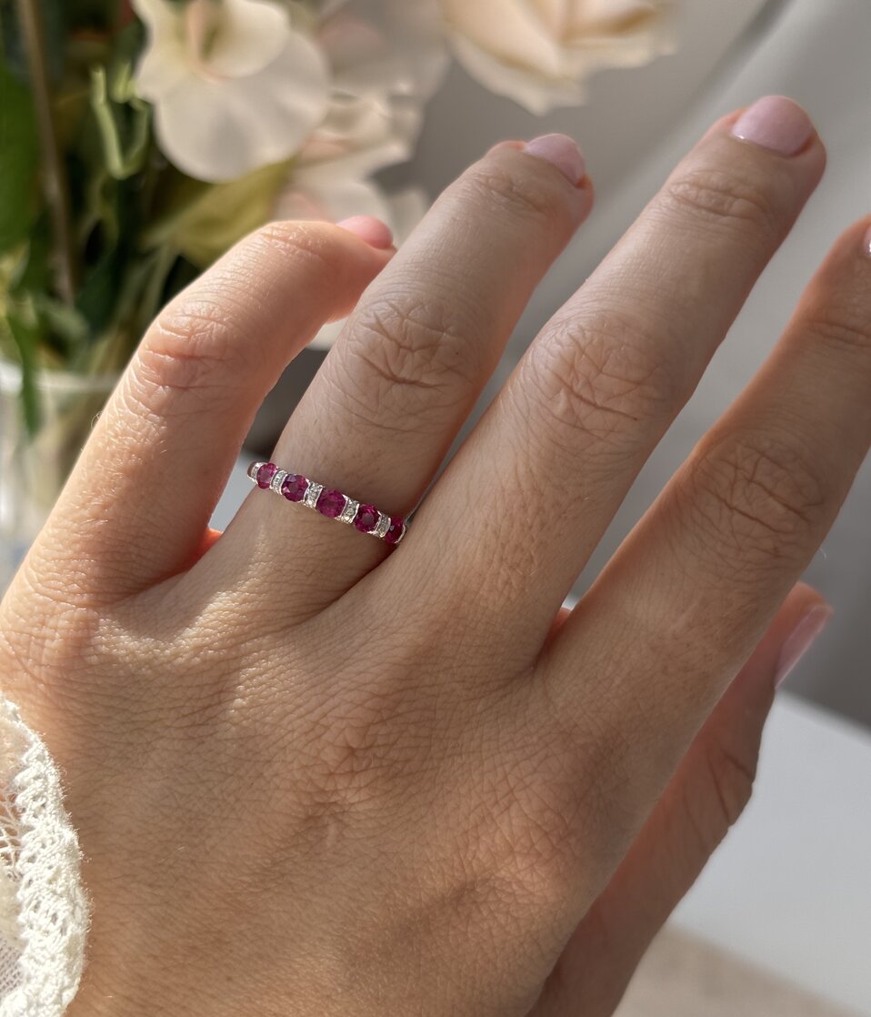 0.84 Carat Natural Round Ruby And 0.60 Carat Diamond Shared Claw Eternity Ring in Platinum