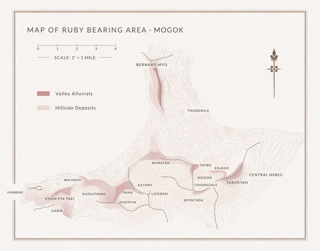 Burmese rubies: Map of ruby bearing area, Mogok