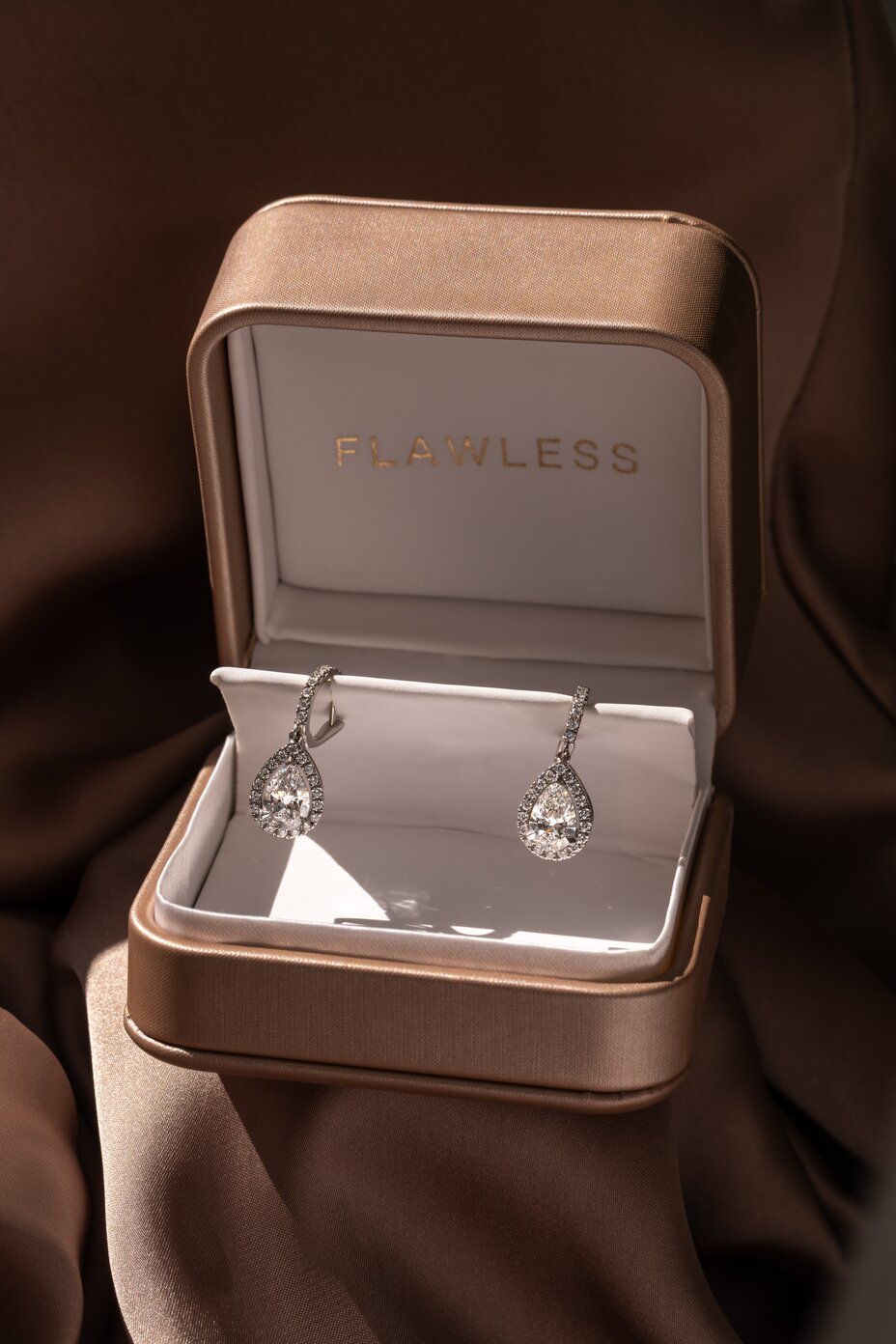 white gold drop, halo style, pear diamond earrings