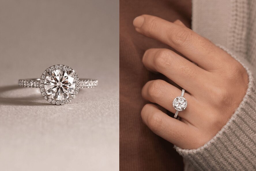 halo round diamond engagement ring in platinum with a diamond band ava 