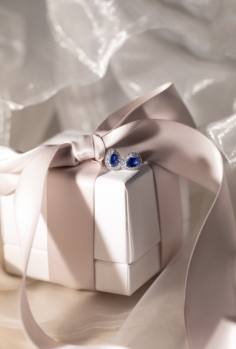 Blue Sapphire Halo Diamond Stud Earrings In White Gold