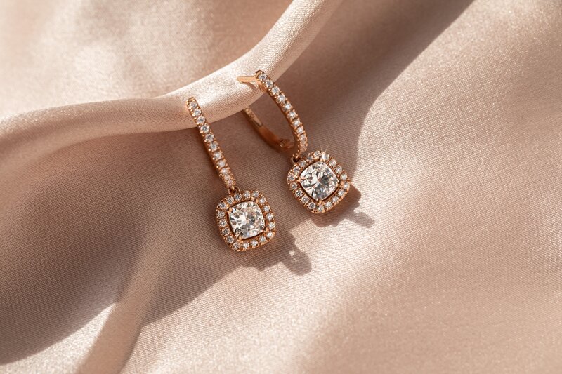 halo cushion diamond, halo, drop earrings in rose gold