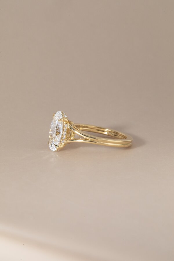 2.00 Carat Lab Grown Moval Cut Diamond Split-Shoulder Bespoke Engagement Ring in Yellow Gold