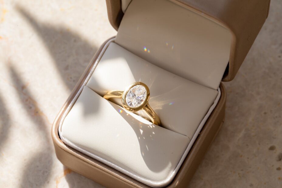 1.50 Carat Lab Grown Oval Bezel Engagement Ring In Yellow Gold – London