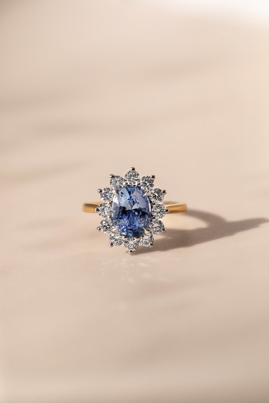 Cornflower Blue sapphire cluster engagement ring Windermere