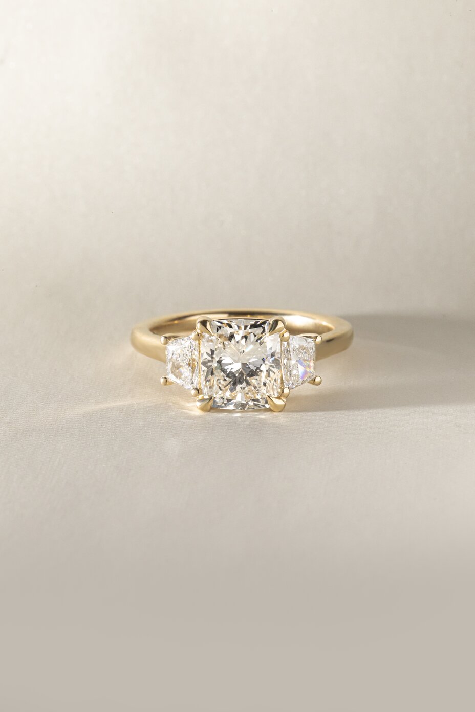 2.00 Carat Natural Cushion Cut Diamond Trilogy Engagement Ring in Yellow Gold - Vedette
