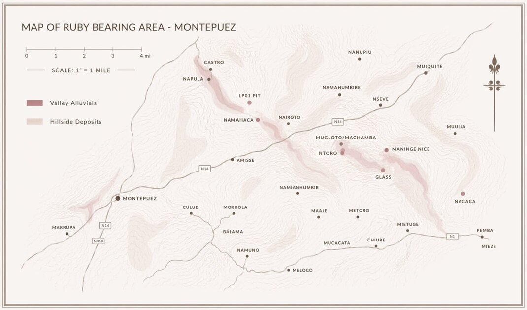 Mozambique rubies - map of the ruby bearing area, Montepuez