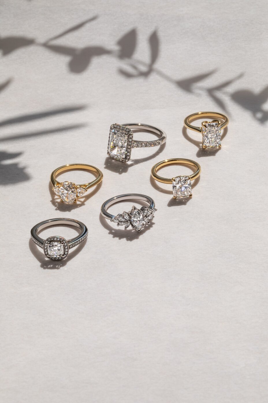 Diamond rings collection in yellow gold, white gold, and platinum featuring various cuts and settings