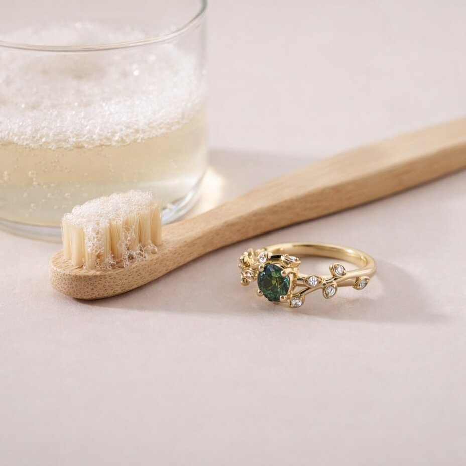 Cleaning a yellow gold ring with a teal sapphire using a soft brush and gentle jewellery solution