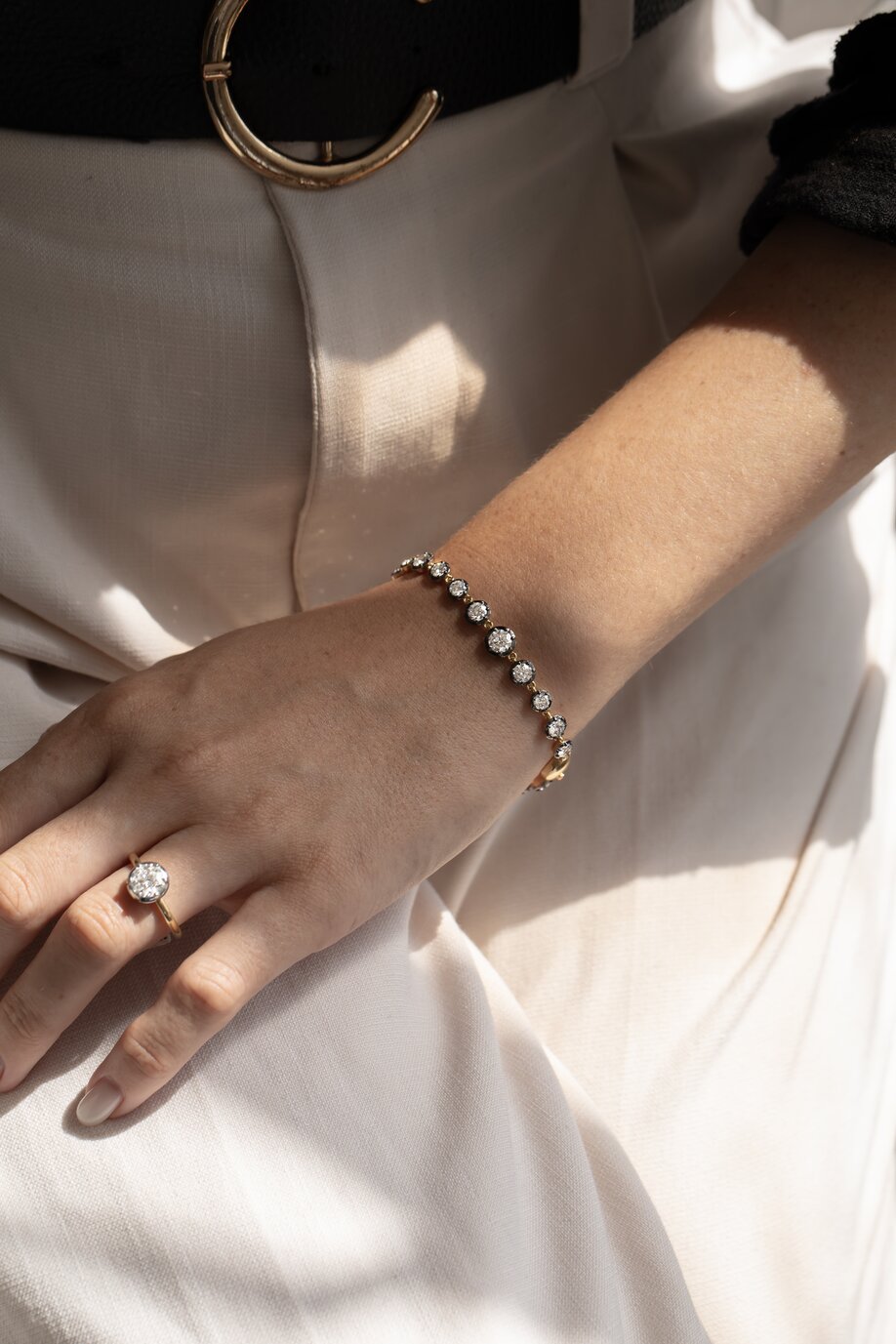 Model wearing bespoke two tone Georgian style diamond bracelet