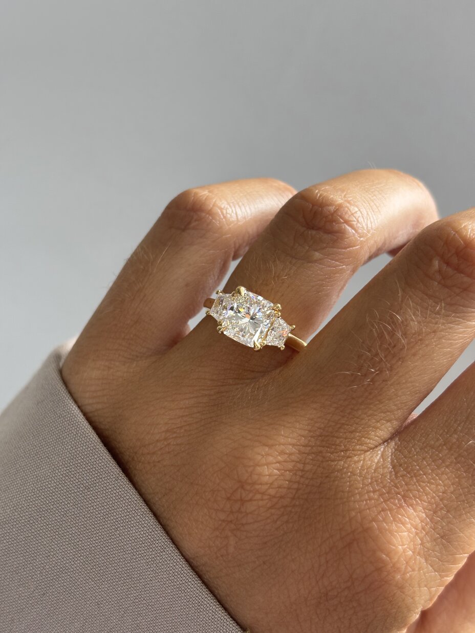 2.00 Carat Natural Cushion Cut Diamond Trilogy Engagement Ring in Yellow Gold - Vedette