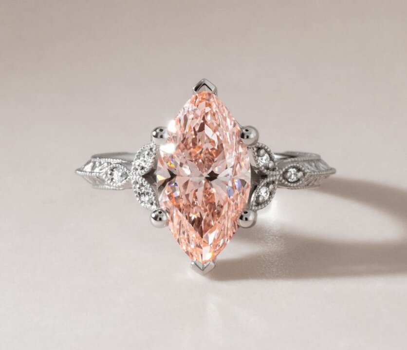pink marquise diamond cluster engagement ring fees in platinum