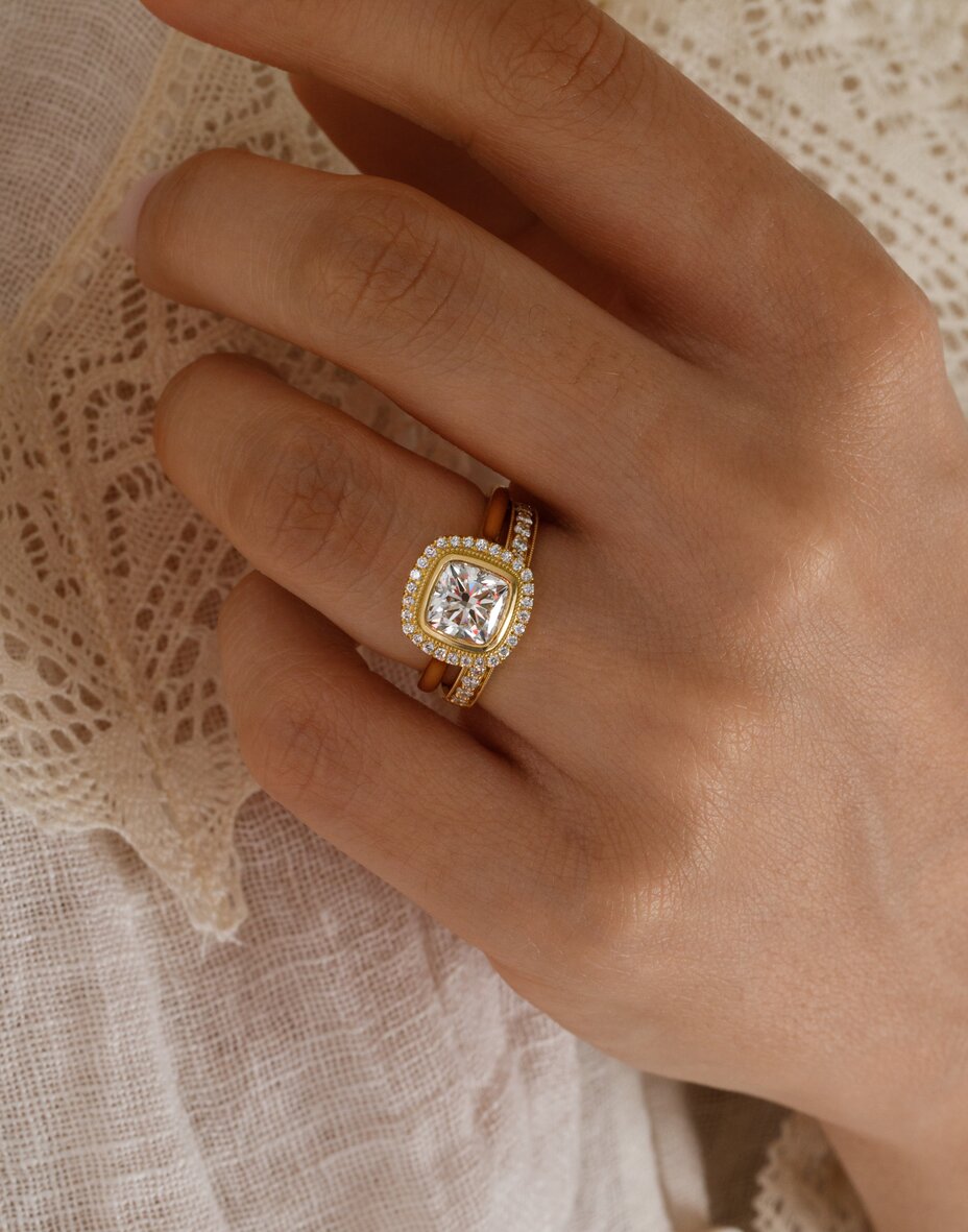 Lab grown Cushion Diamond Suri Yellow Gold Halo Engagement Ring-1.51ct