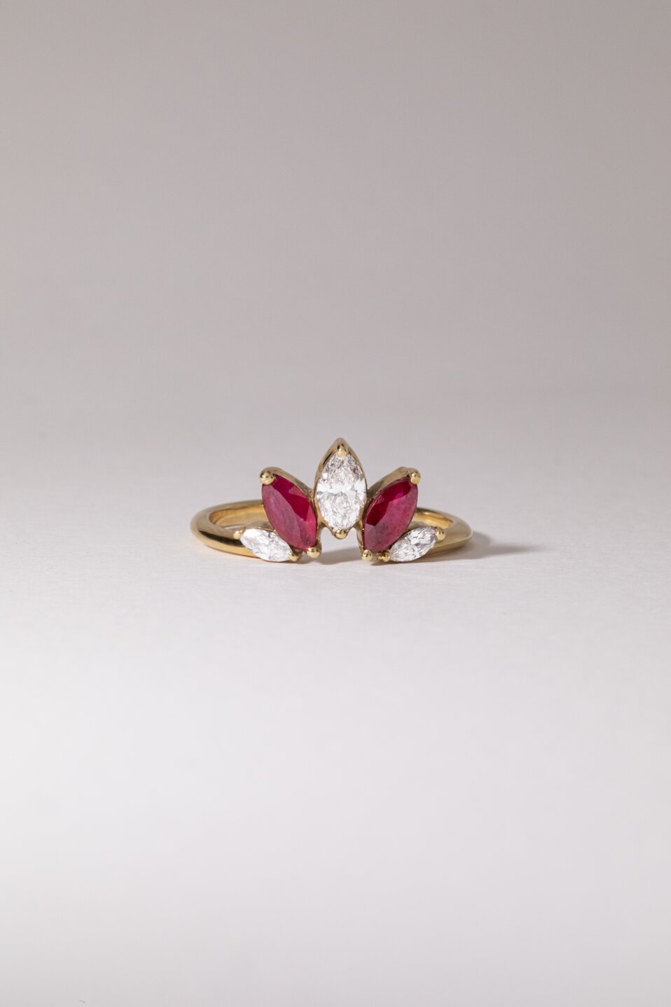 0.56 Carat Natural Ruby and 0.36 Carat Diamond Marquise Five Stone Shaped to Fit Ring in Yellow Gold