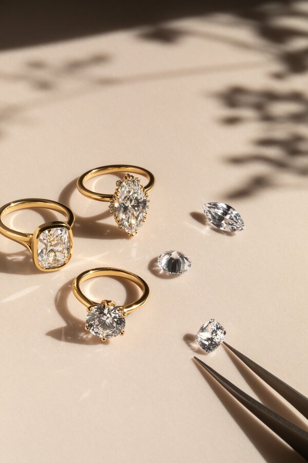 loose lab diamonds and mixed style diamond engagement rings in yellow gold