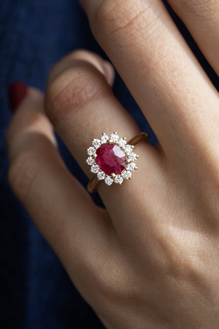 oval Ruby cluster engagement ring in yellow gold, windermere