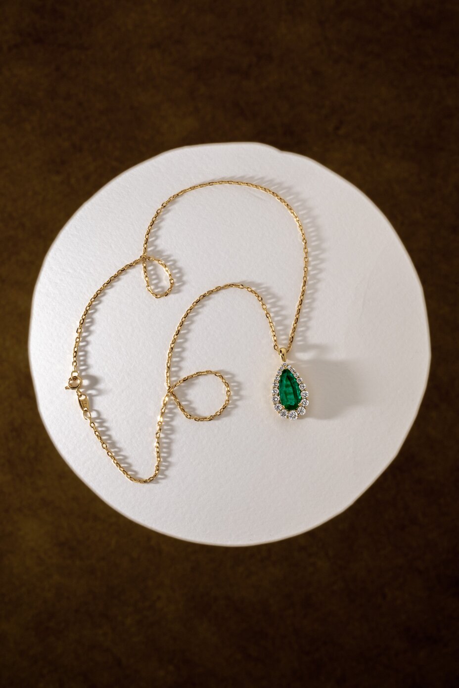 3.62 Carat Natural Pear Emerald Graduated Cluster Halo Pendant in Yellow Gold