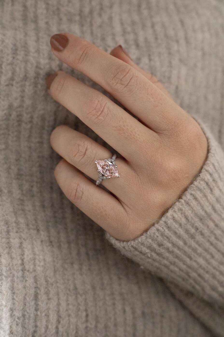 3.01 Carat Pink Marquise Cut Diamond Vintage Engagement Ring in Platinum - Feis