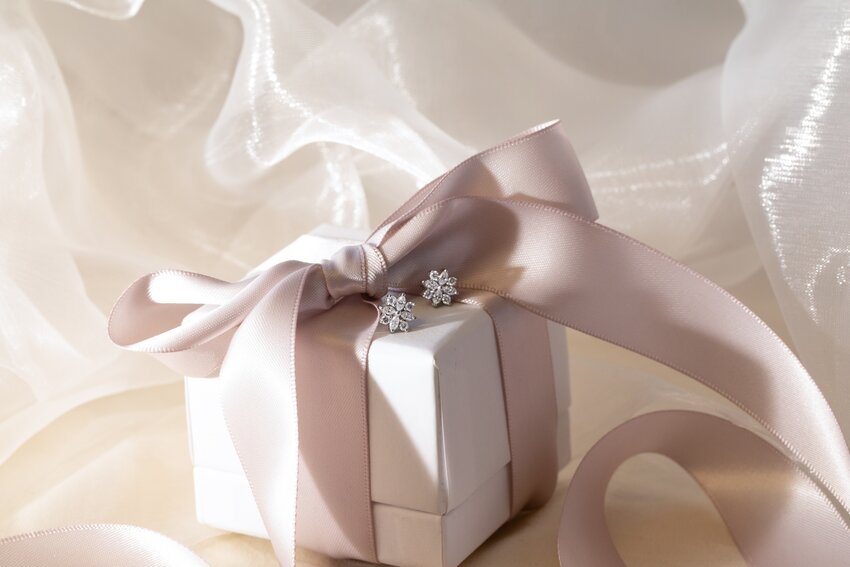Beautifully wrapped jewellery gift showcasing diamond stud earrings for special occasions.