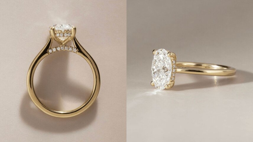 Yellow gold hidden halo oval engagement ring with an additional diamond feature on the bridge Juliette