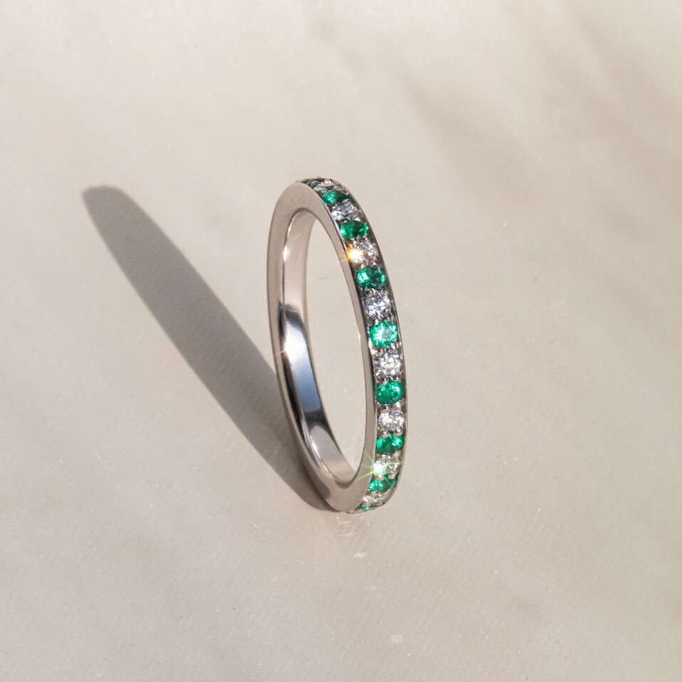 Natural Round Green Emerald And Diamond Half Eternity Ring in White Gold