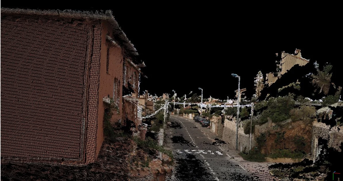 Residential street scene reconstructed as a 3D point cloud model by imajing