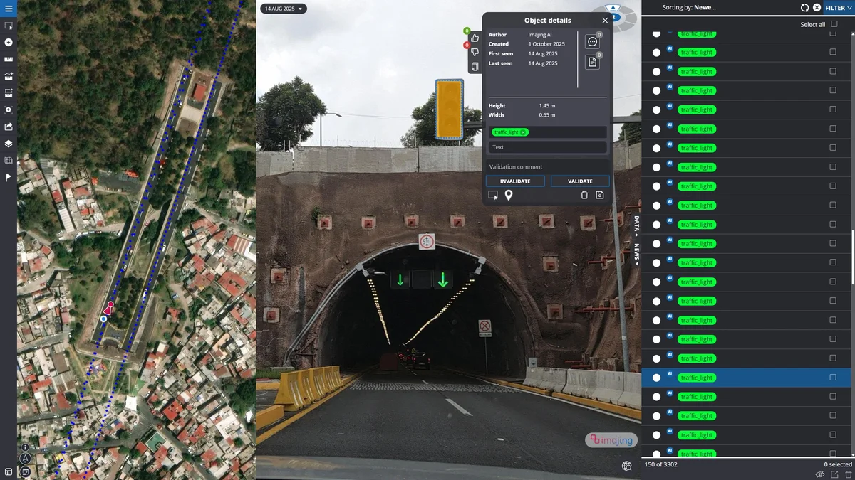imajnet Gecko: traffic light detected at a tunnel entrance and list of classified traffic lights