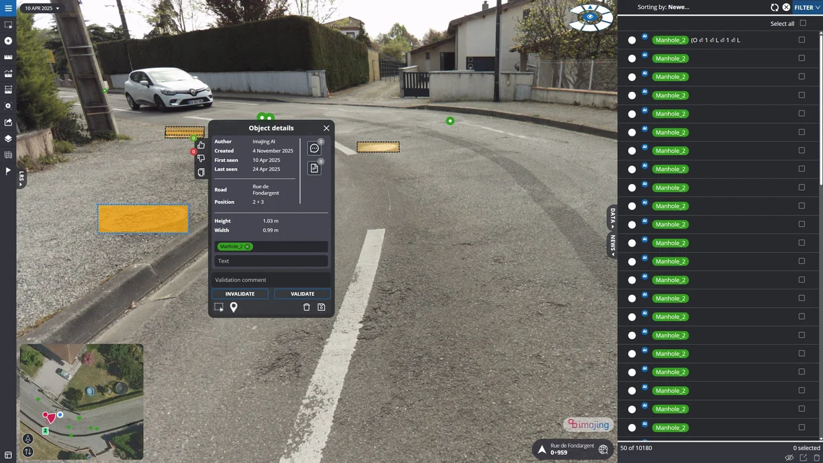 imajnet Gecko: manholes detected along a residential street and list of classified manholes