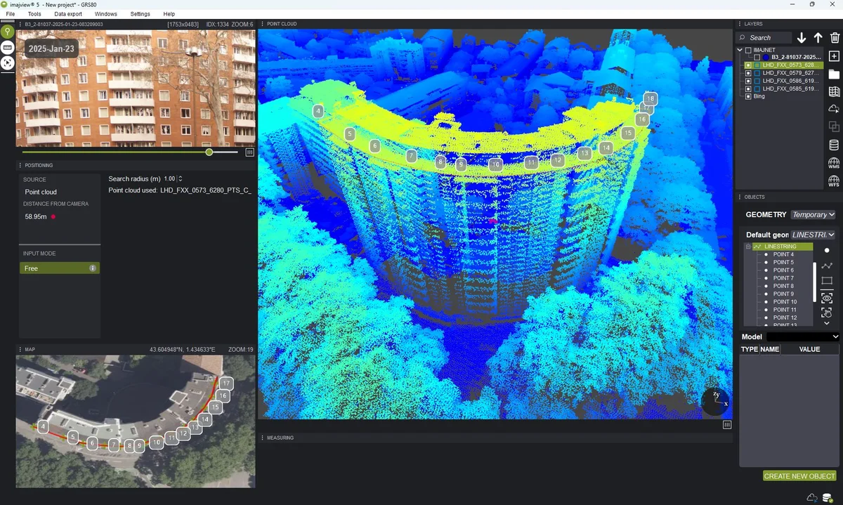 Imajview mobile mapping software measuring a building on a LiDAR point cloud alongside georeferenced imagery for GIS editing