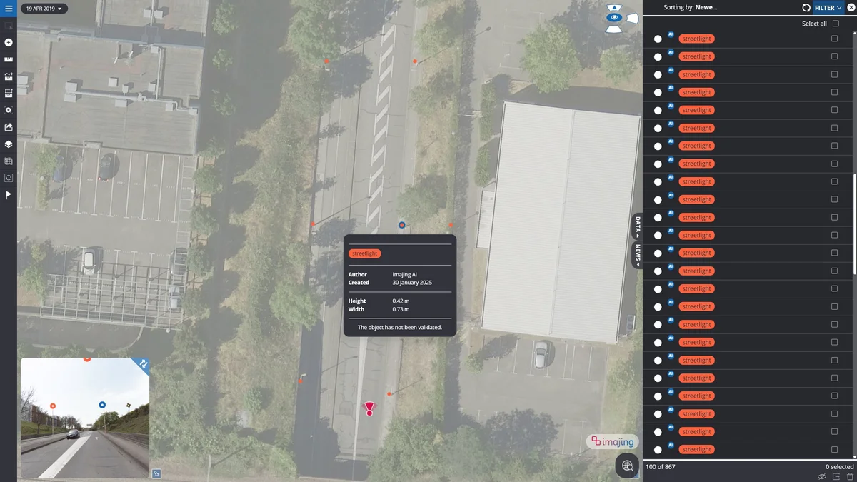 imajnet Gecko: streetlights geolocated on the aerial view with the details of an object