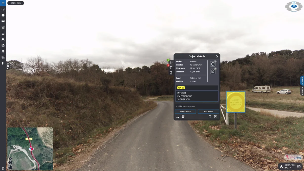 imajnet Gecko: flood warning sign detected on a rural road with LRS position and OCR text