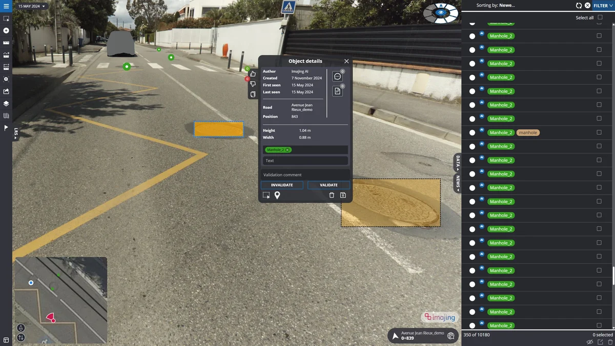 imajnet Gecko: manhole cover highlighted in the immersive image with road, position and dimensions