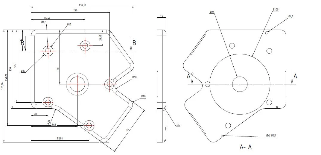 Plan du support de la pièce de fixation centrale de l’Imajbox 360HD.