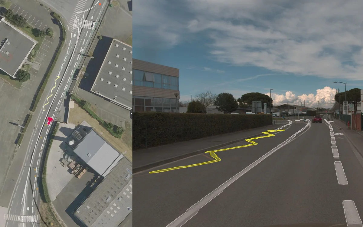 imajnet Gecko: white lines and yellow line detected in the image and plotted on the map