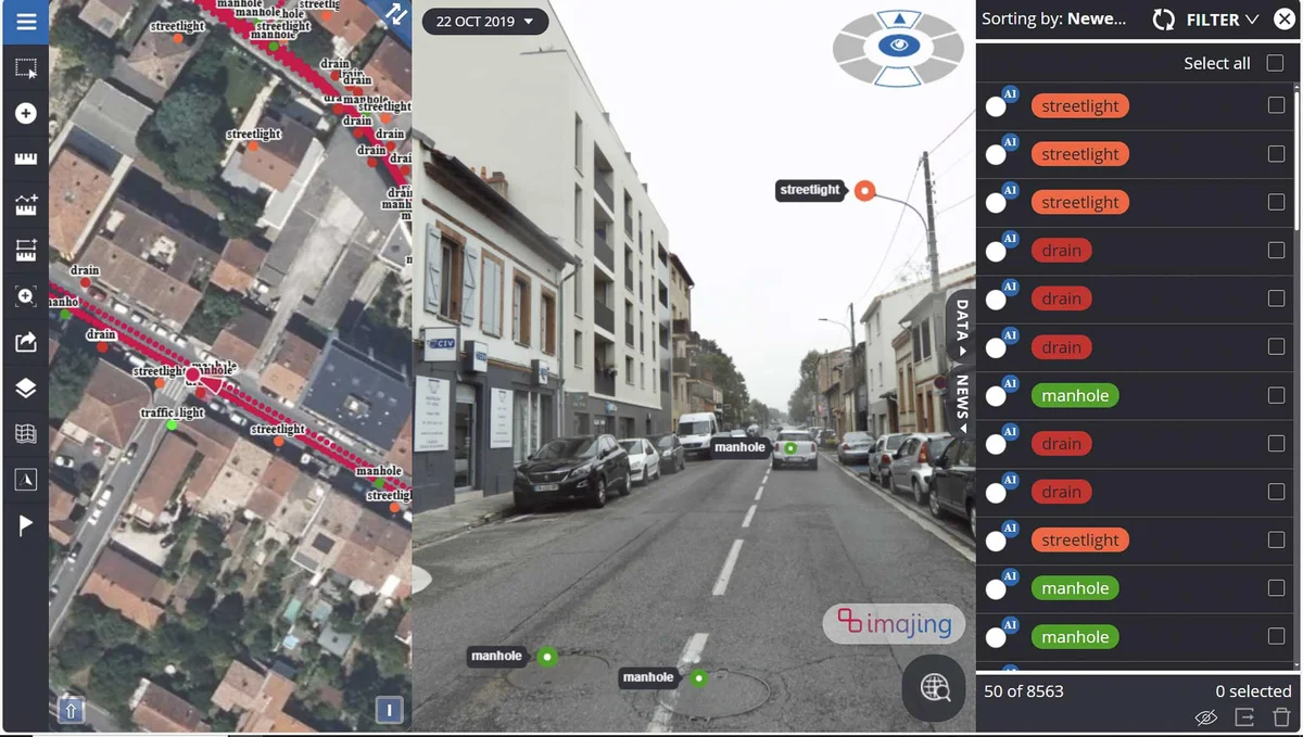 imajnet Gecko: manholes, gully inlets and streetlights detected and labelled on the map and in the image