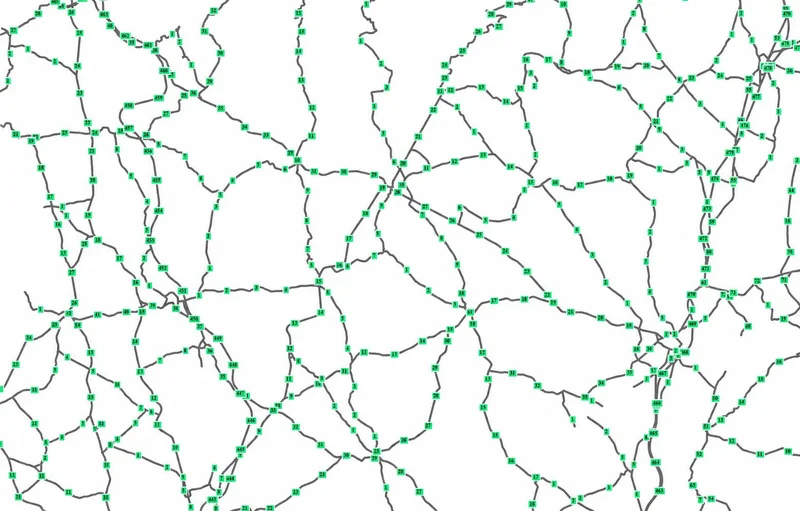Topologie de réseau avec des points kilométriques référencés le long de chaque itinéraire