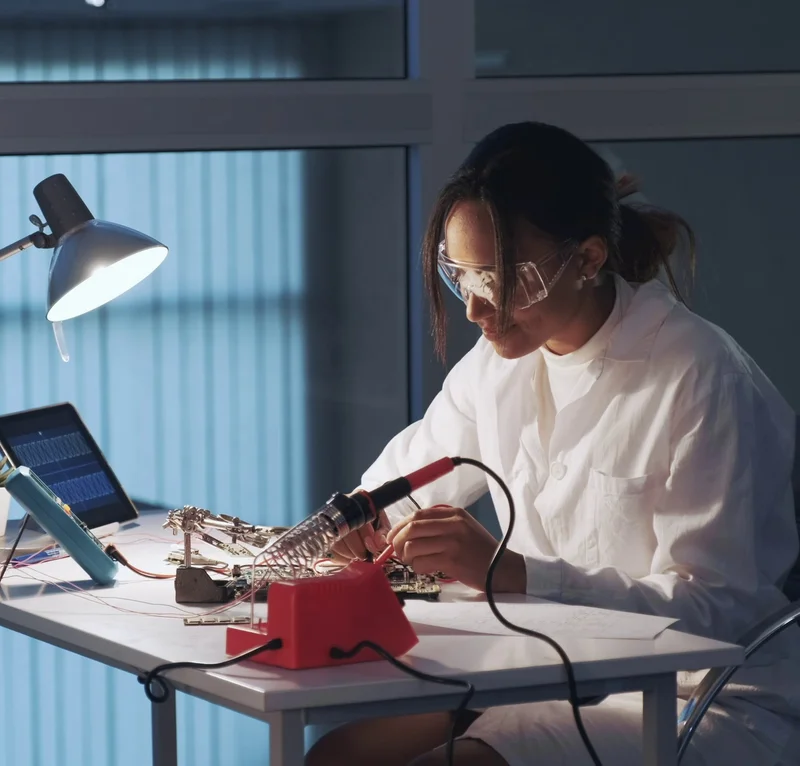 Ingeniero de I+D de imajing probando una placa electrónica con un multímetro en el laboratorio