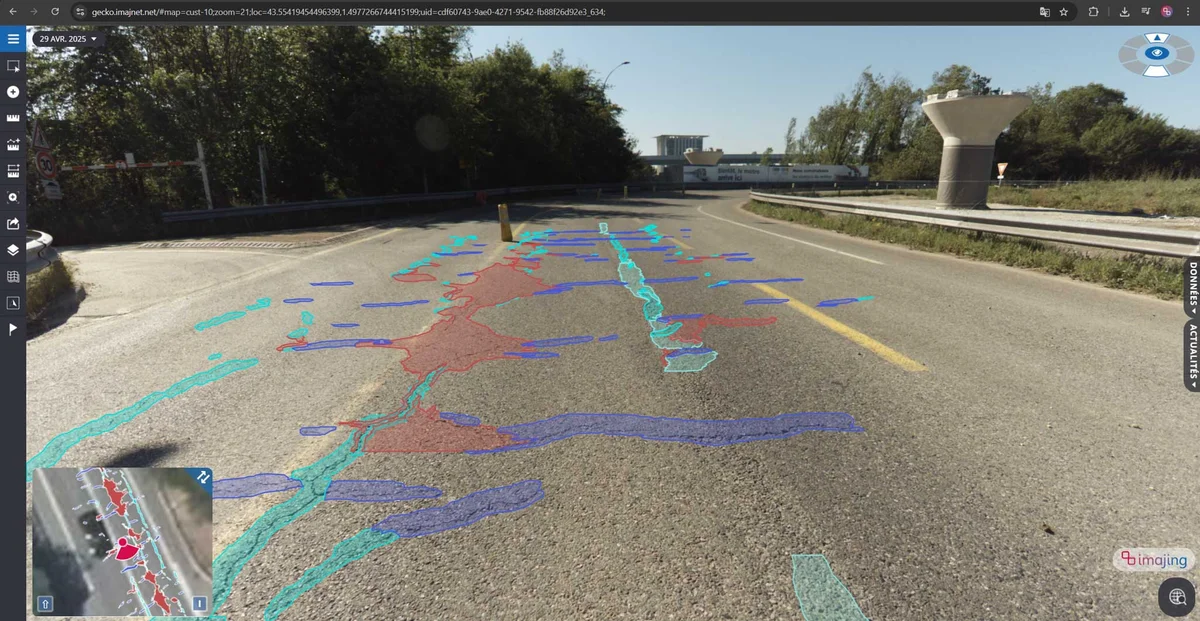imajnet Gecko: detected pavement distress overlaid on the immersive image