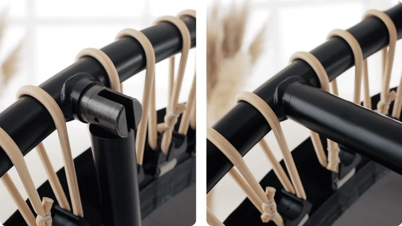 Gros plan d'un pied pliant, plié et déplié.