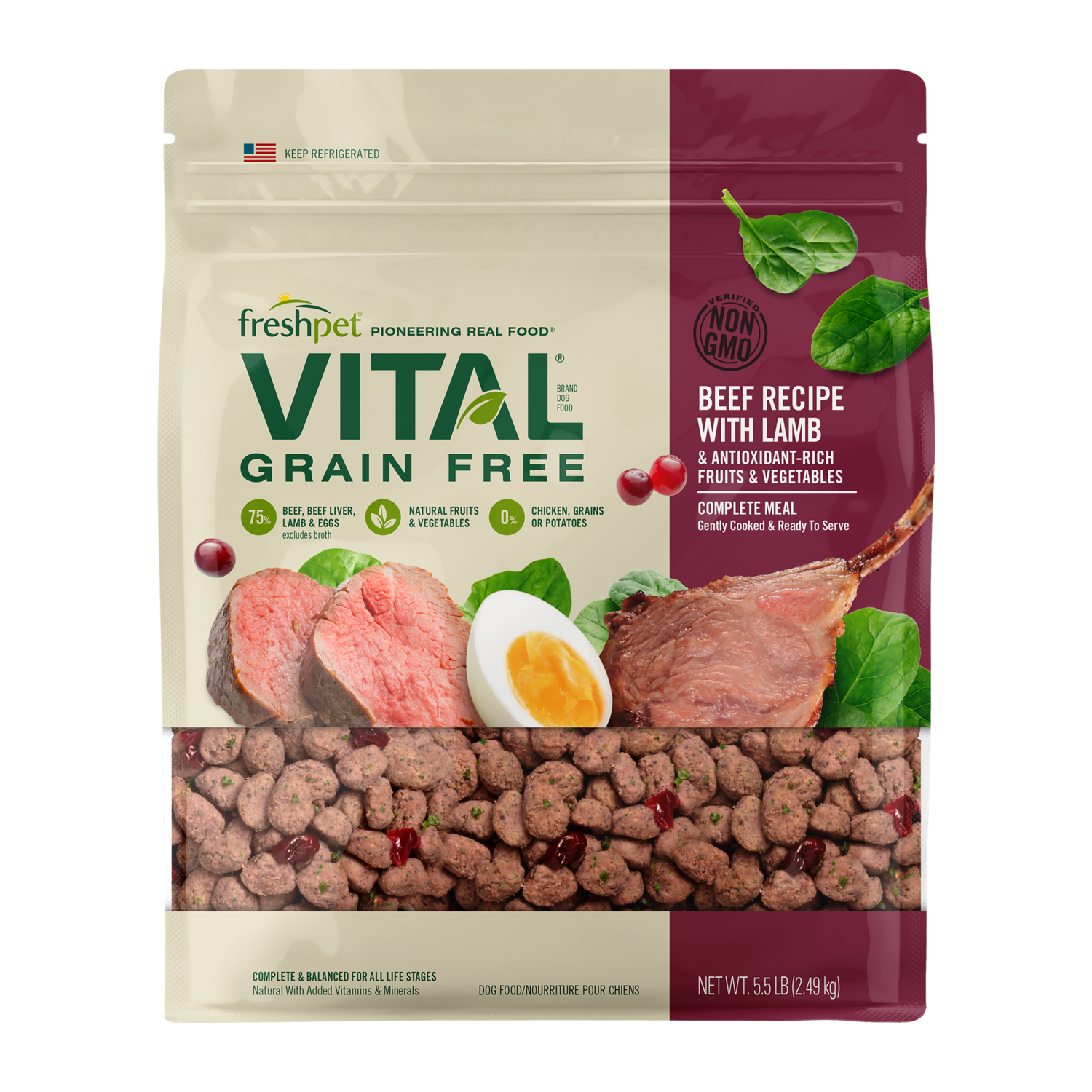 Image showcasing Freshpet® Vital Grain Free Beef, Lamb, & Spinach Dog Food