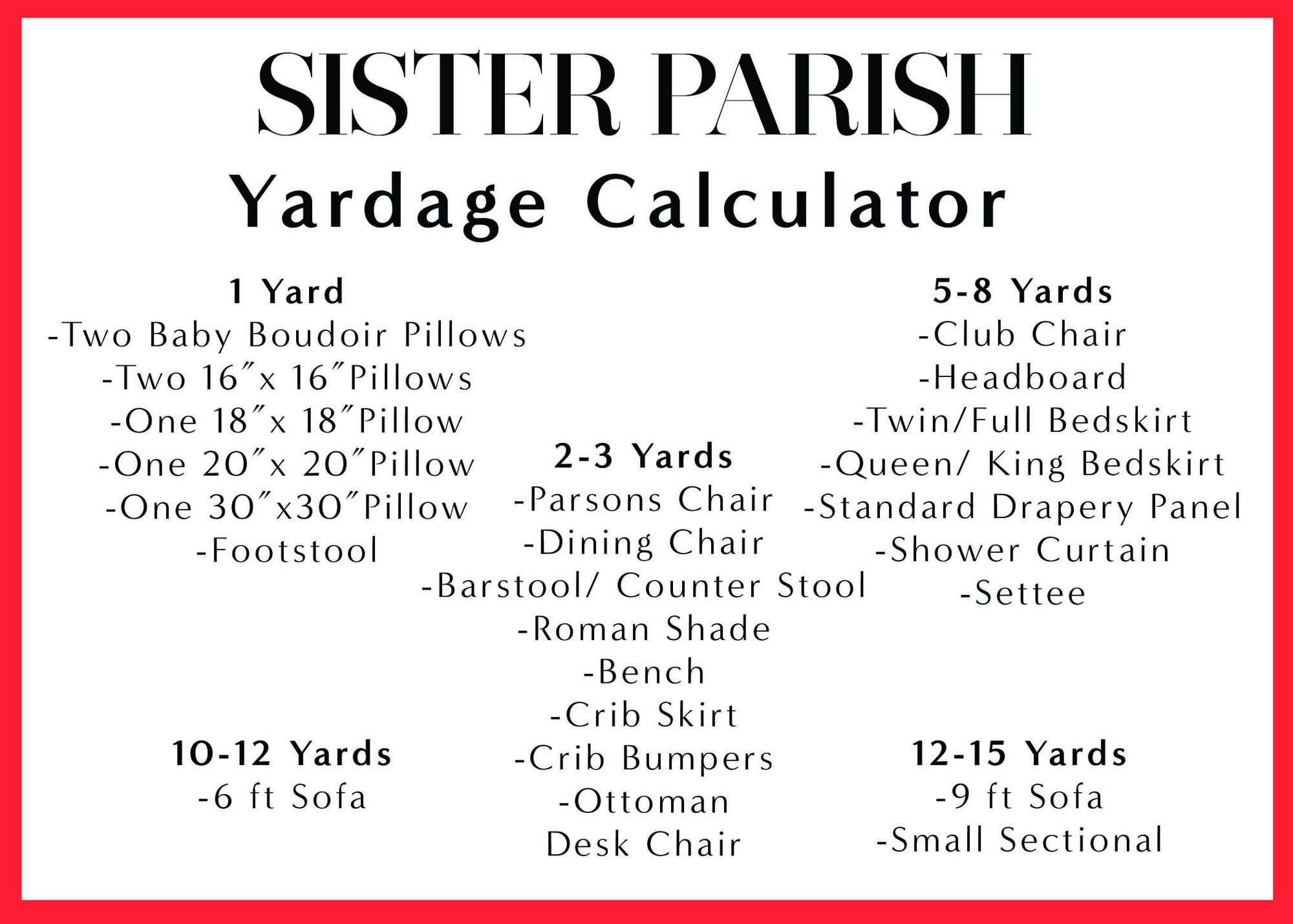 YARDAGE CALCULATOR Sister Parish