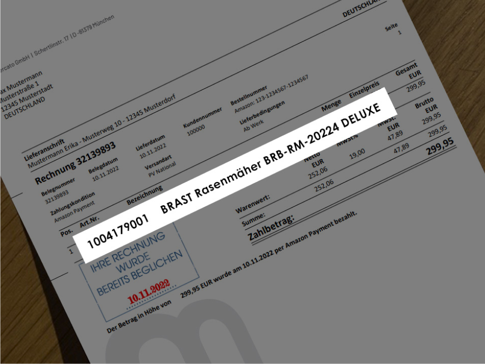 Rechnung für einen BRAST Rasenmäher BRB-RM-20224 DELUXE mit Artikelnummer 1004179001; Rechnungsnummer 32139893, Betrag 299,95 EUR, als bezahlt markiert.