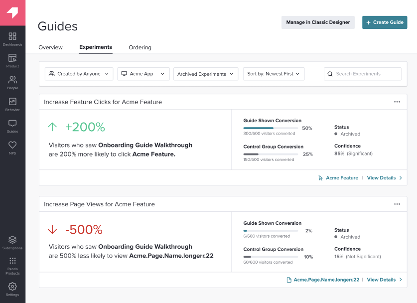 Introducing guide conversions and experiments in Pendo | Pendo Blog ...